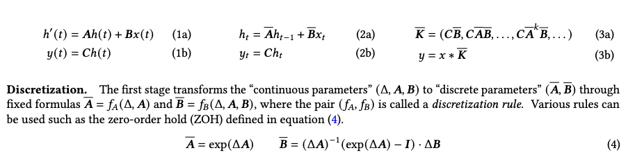 S4 and Mamba continuous-to-discrete state-space notation, including the zero-order-hold formula for A-bar and B-bar